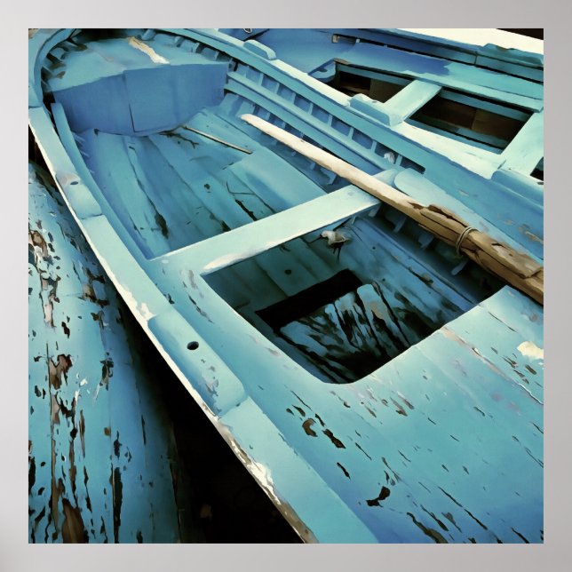 Blue Painted Rustic Wooden Fishing Boats Poster (Front)