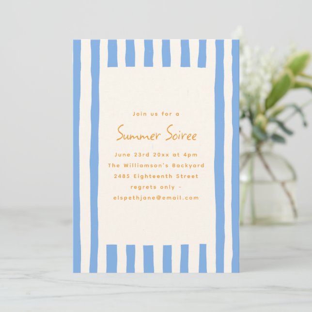 Blue Painted Stripe Yellow Summer Soiree Party Invitation (Standing Front)