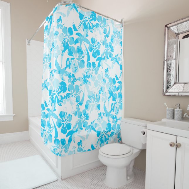 Blue painted tropical floral shower curtain (In Situ)