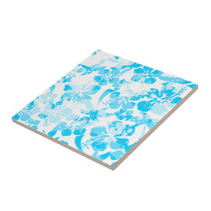 Blue painted tropical floral tile