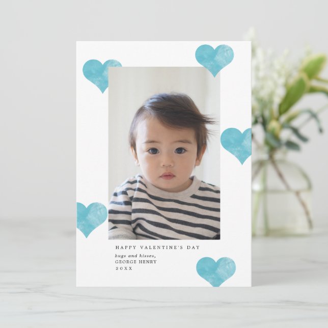 Blue Painterly Hearts Modern Valentine's Day Photo Holiday Card (Standing Front)
