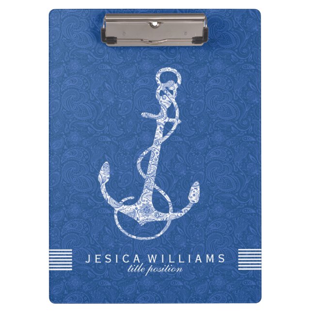 Blue Paisley And White Nautical Boat Anchor 2 Clipboard (Front)
