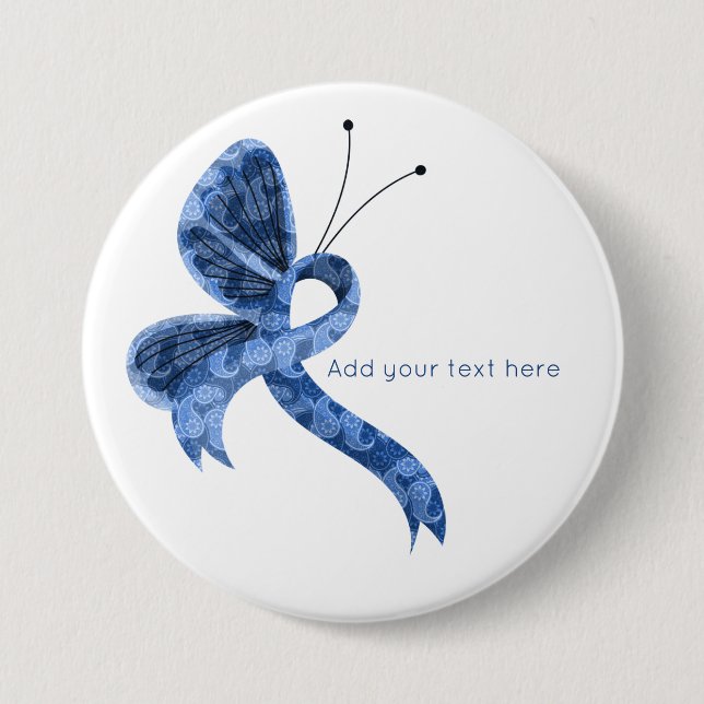 Blue Paisley Awareness Ribbon Butterfly Button (Front)