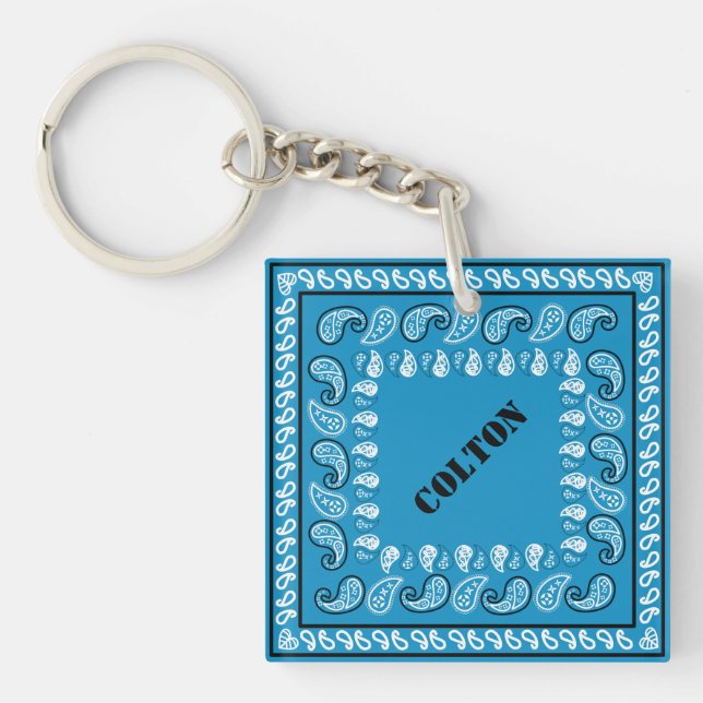 Blue Paisley Bandanna Personalised Key Ring (Front)