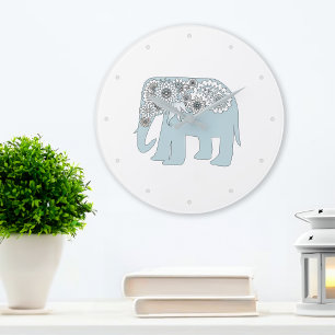 Blue Paisley Elephant Boho Chic Large Clock
