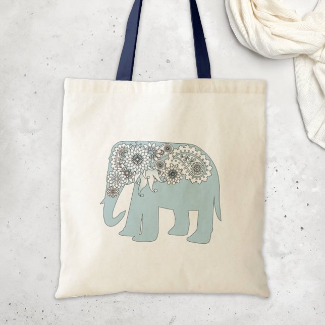 Blue Paisley Elephant Boho Chic Tote Bag (Creator Uploaded)