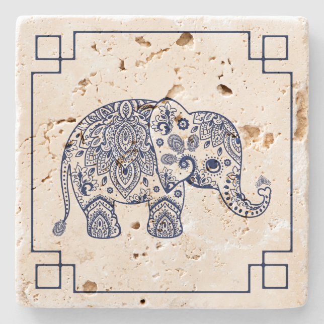 Blue Paisley Elephant Illustration Stone Coaster (Front)