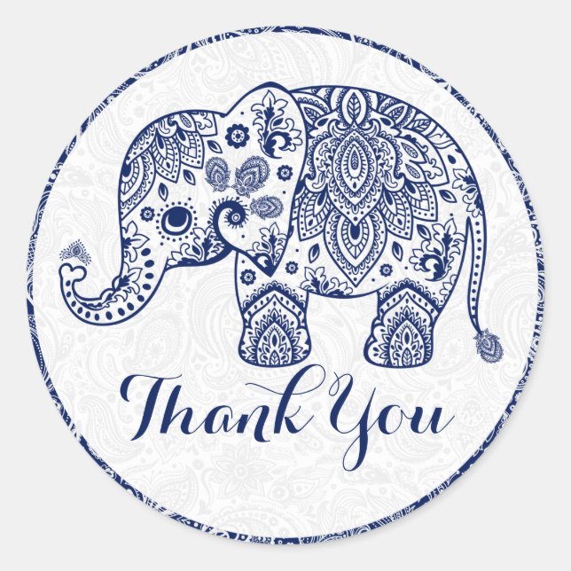 Blue Paisley Floral Elephant Thank You Classic Round Sticker (Front)