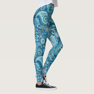 Printed Blue Leggings with Paisley Pattern Print Butterfly Leggings For Women 