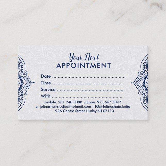 Blue Paisley Mandala Lace Appointment Card (Front)