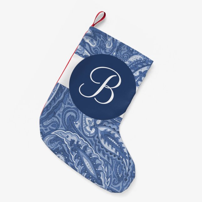 Blue paisley monogram Christmas stocking (Front (Hanging))