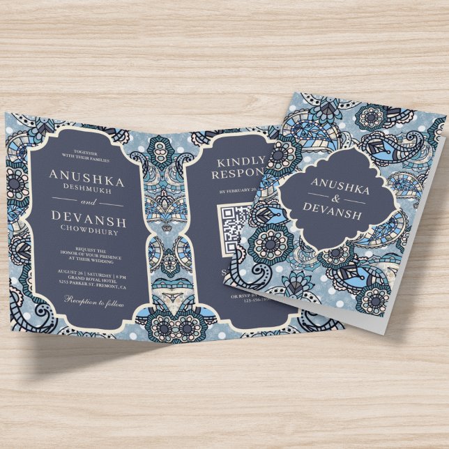 Blue Paisley Pattern QR Code Indian Wedding Invitation (Creator Uploaded)