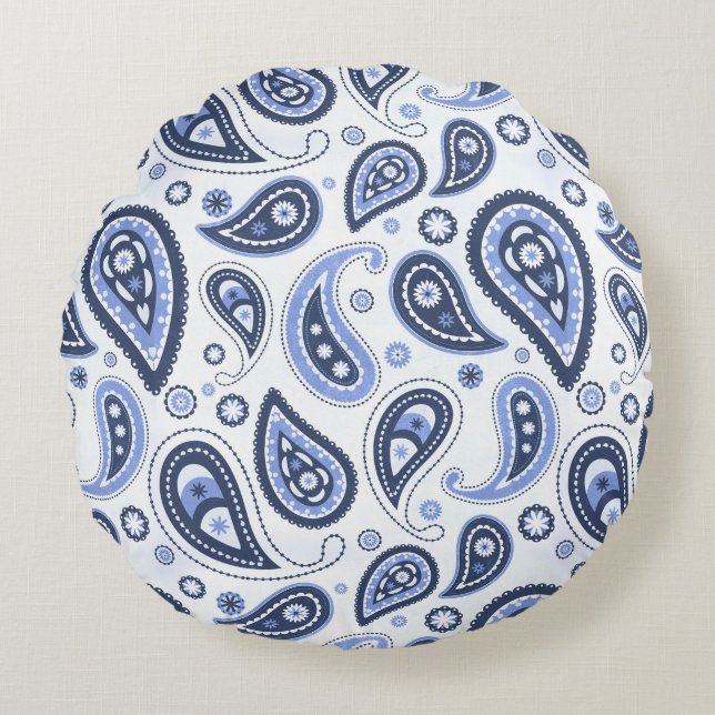 Blue Paisley Pattern Round Cushion (Front)