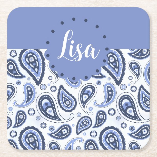 Blue Paisley Pattern Square Paper Coaster (Front)