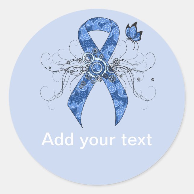 Blue Paisley Ribbon with Butterfly Classic Round Sticker (Front)