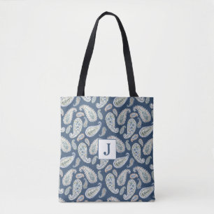 Blue Paisley Watercolor Pattern Monogram Tote Bag