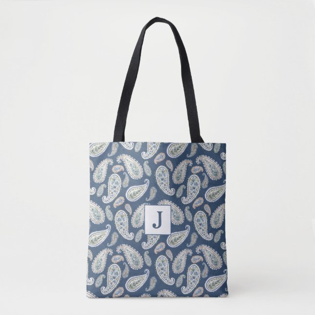 Blue Paisley Watercolor Pattern Monogram Tote Bag (Front)