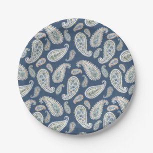 Blue Paisley Watercolor Pattern Paper Plate