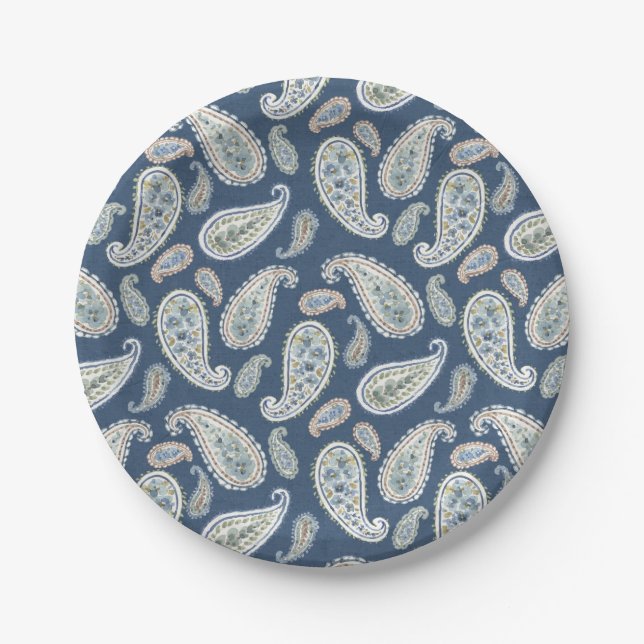 Blue Paisley Watercolor Pattern Paper Plate (Front)