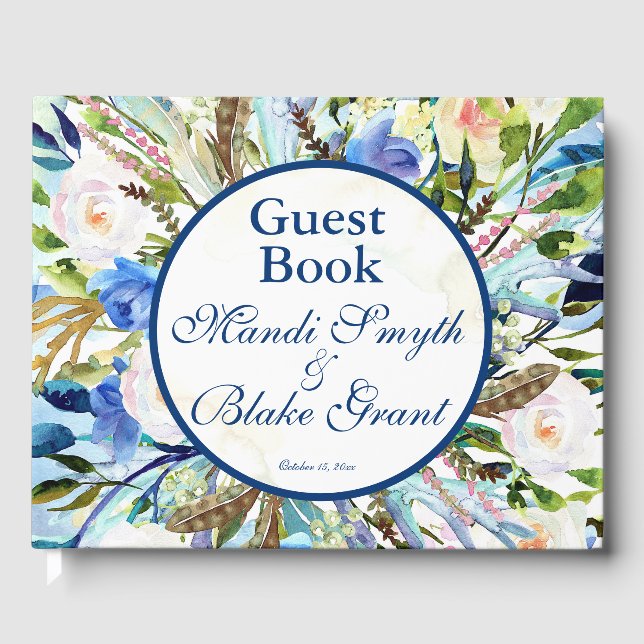 Blue, Pale Watercolor Floral Wedding, Etc.  Guest Book (Front)