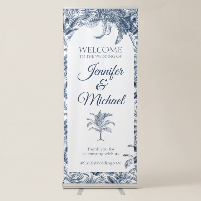 Blue Palm Botanical Arch Wedding Retractable Banner (Front)