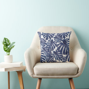 Blue palm leaves cushion