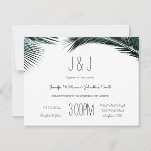 Blue palm leaves destination wedding invitations