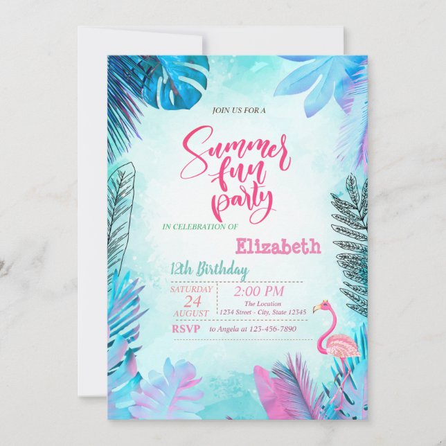 Blue Palm Leaves Pink Flamingo Summer Birthday  Invitation (Front)