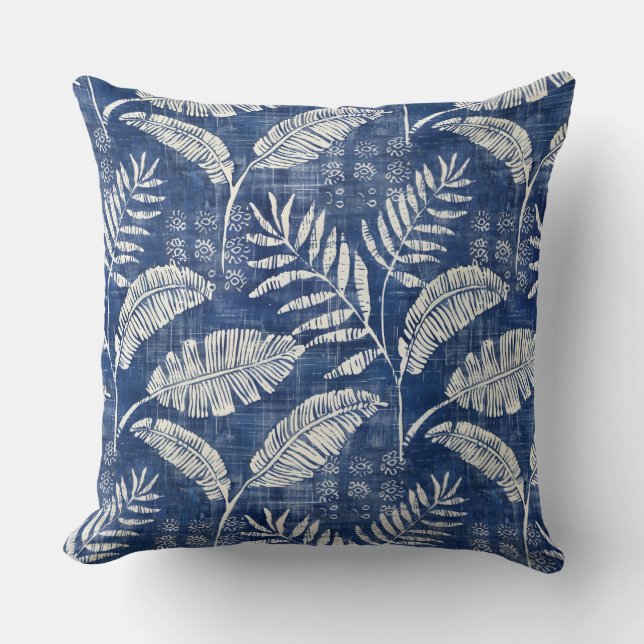 Blue Palm Leaves Throw Pillow (Front)