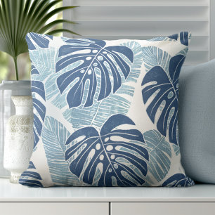 Blue Palm Leaves Throw Pillow