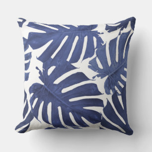 Blue palm monstera leaves cushion