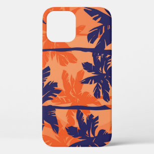 Blue palm silhouette, orange background iPhone 12 case