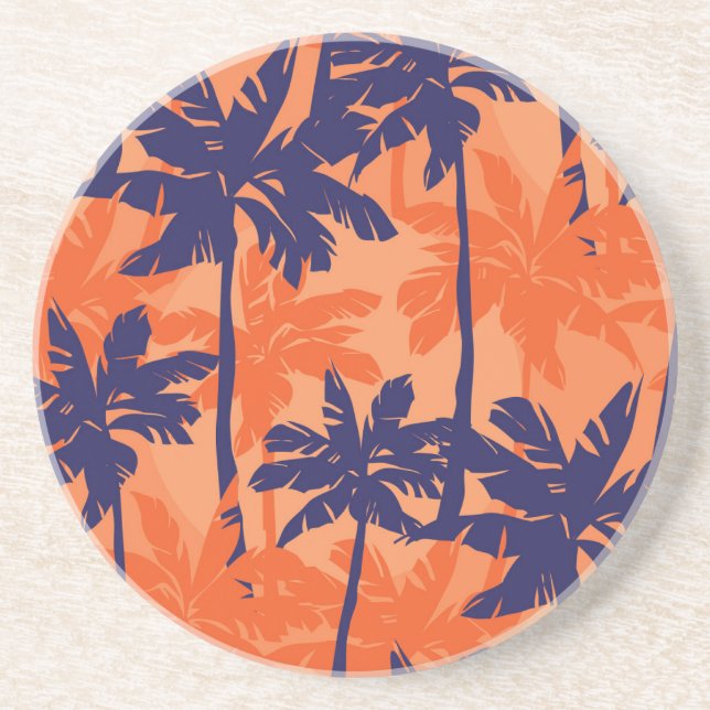 Blue palm silhouette, orange background coaster (Front)