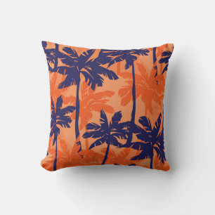 Blue palm silhouette, orange background cushion