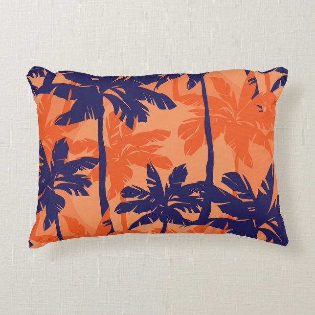 Blue palm silhouette, orange background decorative cushion (Front)