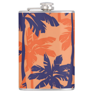 Blue palm silhouette, orange background hip flask