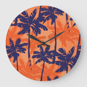 Blue palm silhouette, orange background large clock