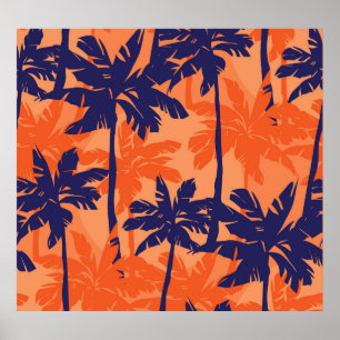 Blue palm silhouette, orange background poster