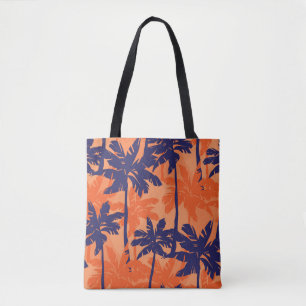 Blue palm silhouette, orange background tote bag