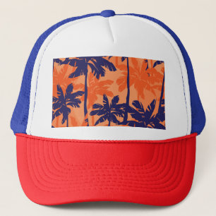 Blue palm silhouette, orange background trucker hat