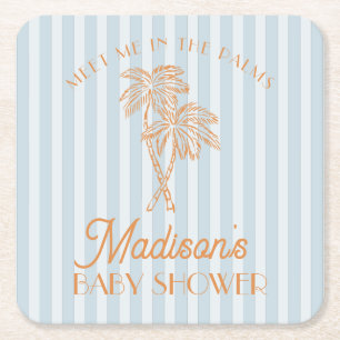 Blue Palm Spring Pastel Beach Baby Shower Square Paper Coaster