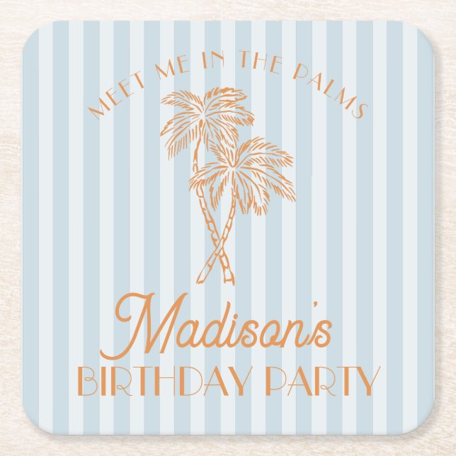 Blue Palm Spring Pastel Beach Birthday Party Square Paper Coaster (Front)