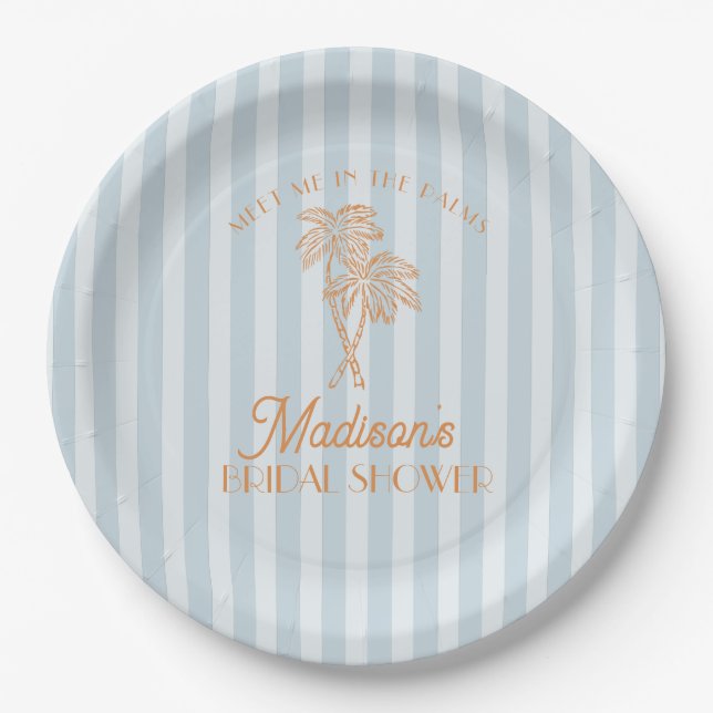 Blue Palm Spring Pastel Beach Bridal Shower Paper Plate (Front)