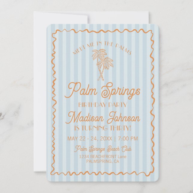 Blue Palm Springs Pastel Beach Birthday Party Invitation (Front)