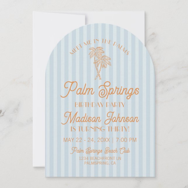 Blue Palm Springs Pastel Beach Birthday Party Invitation (Front)