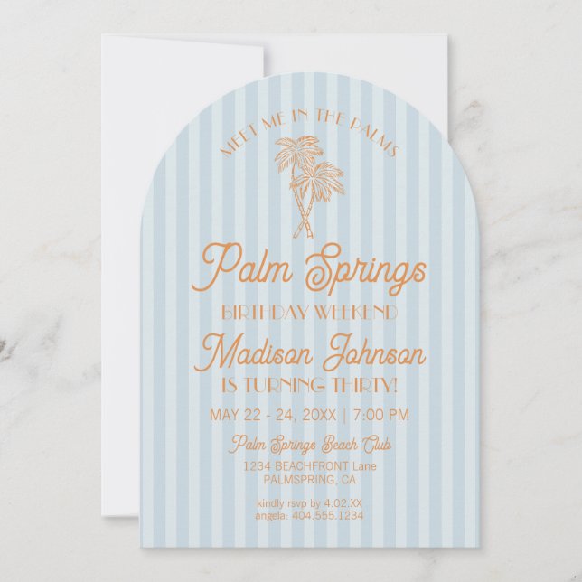 Blue Palm Springs Pastel Beach Birthday Weekend Invitation (Front)
