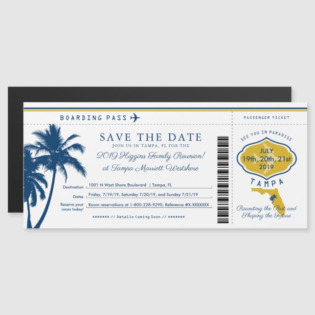Blue Palm Tree Gold  Florida Boarding Pass Magnetic Invitation (Front/Back)