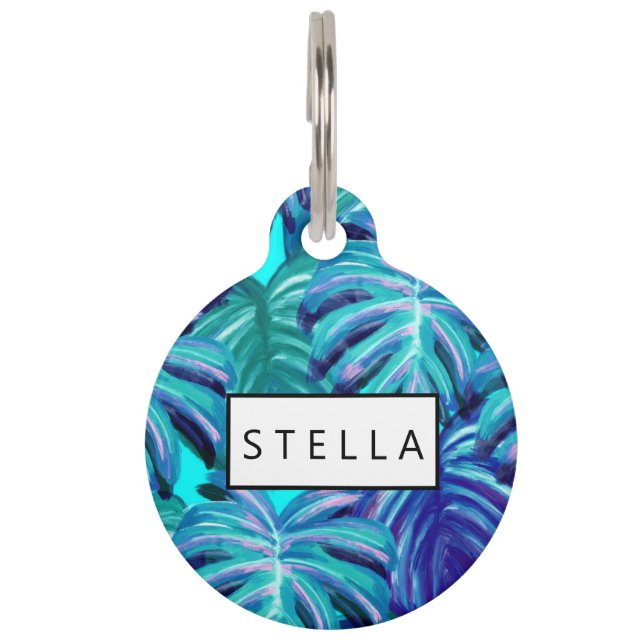 Blue Palm Tree Leaves Tropical Pet Tag (Front)