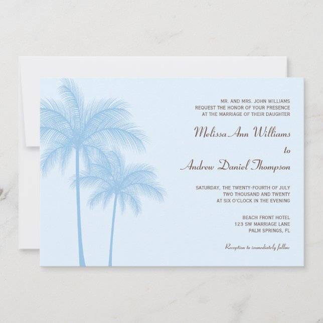 Blue Palm Tree Tropical Wedding Invitations (Front)