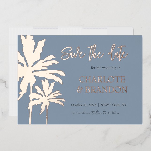 Blue Palm Trees Beach Wedding Save The Date Gold (Envelope)